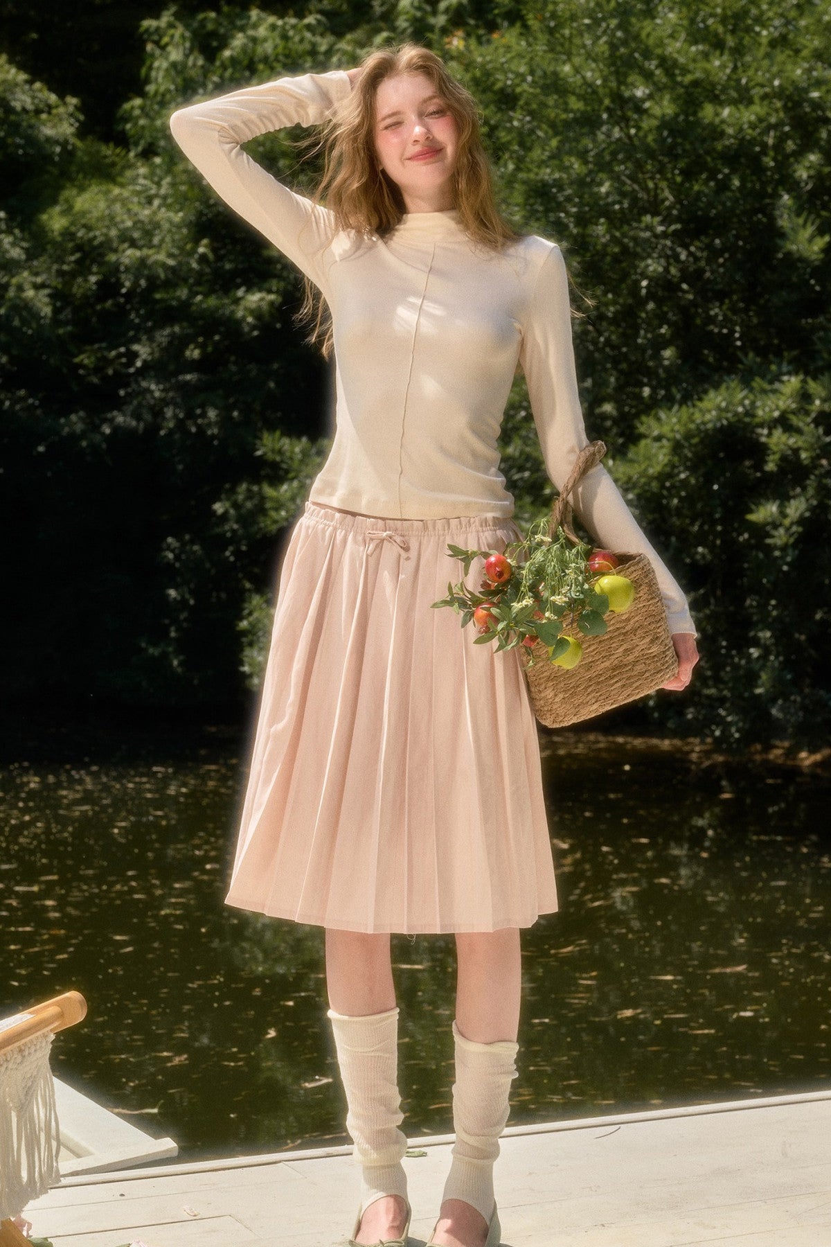 Elastic Waist Deer A-Line Pleated Skirt