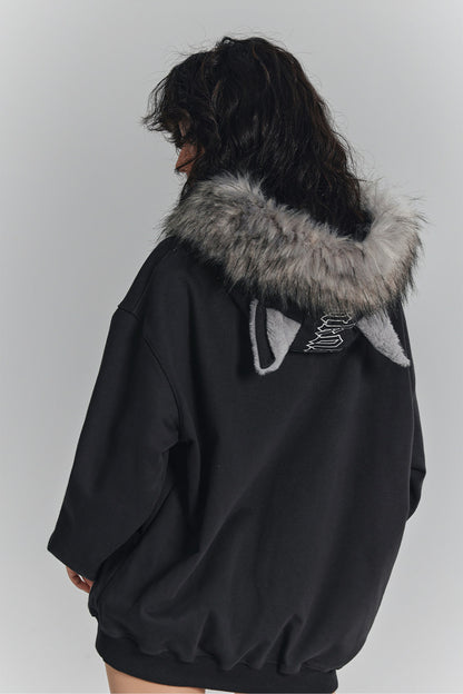 Spider Web Print Hooded Cat Ear Jacket