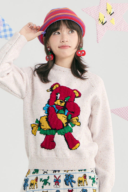 Red Cartoon Bear Raglan Pullover Sweater