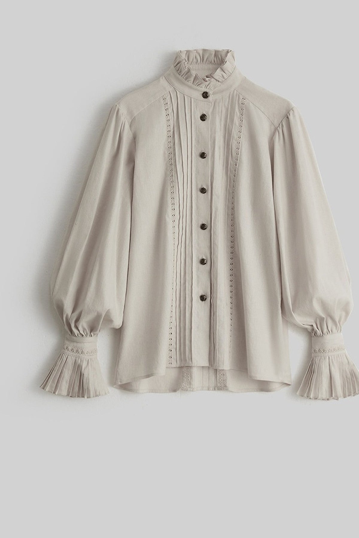 Pleated Cotton Linen Stand-Up Collar Shirt