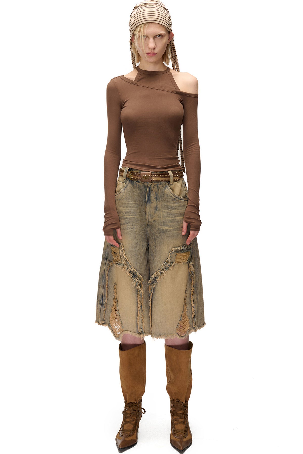 Asymmetrical Halter Off-Shoulder Long-Sleeve Top