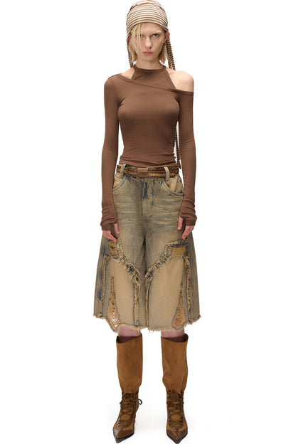 Asymmetrical Halter Off-Shoulder Long-Sleeve Top
