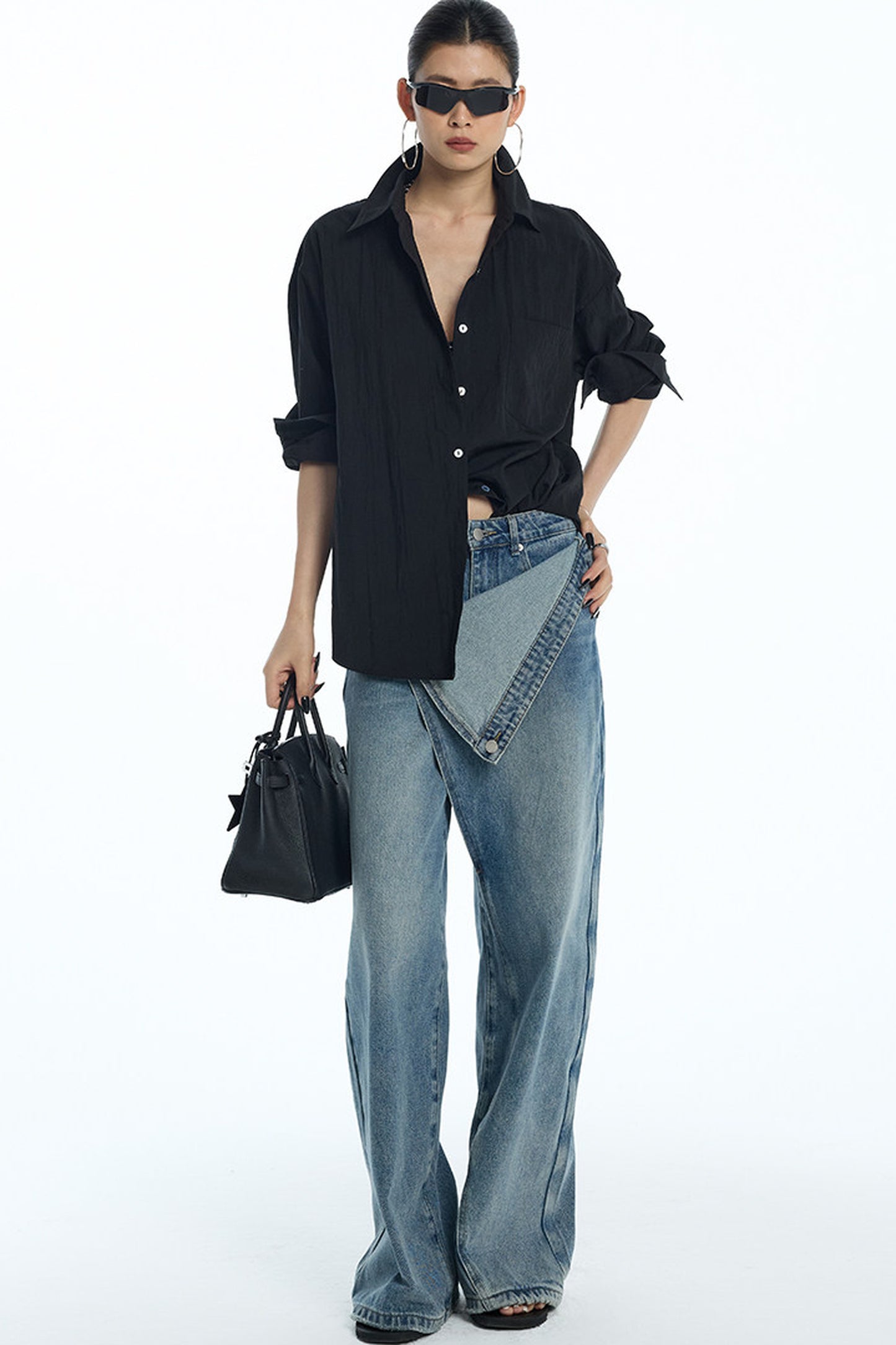 Asymmetrical Deconstructed Denim Wide-Leg Pants