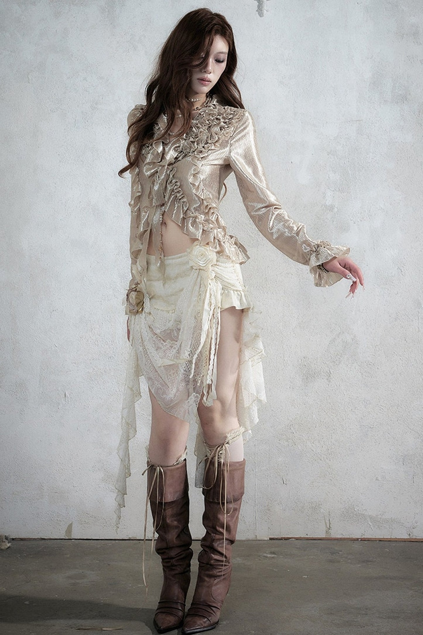 Ruffle Trim Tie Waist Long-Sleeved Blouse