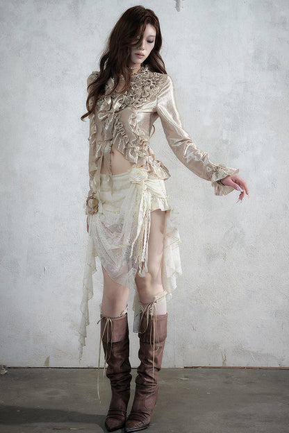 Ruffle Trim Tie Waist Long-Sleeved Blouse