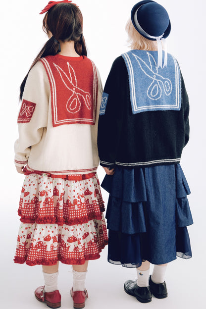 Scissors Pattern Sailor Collar Knit Cardigan