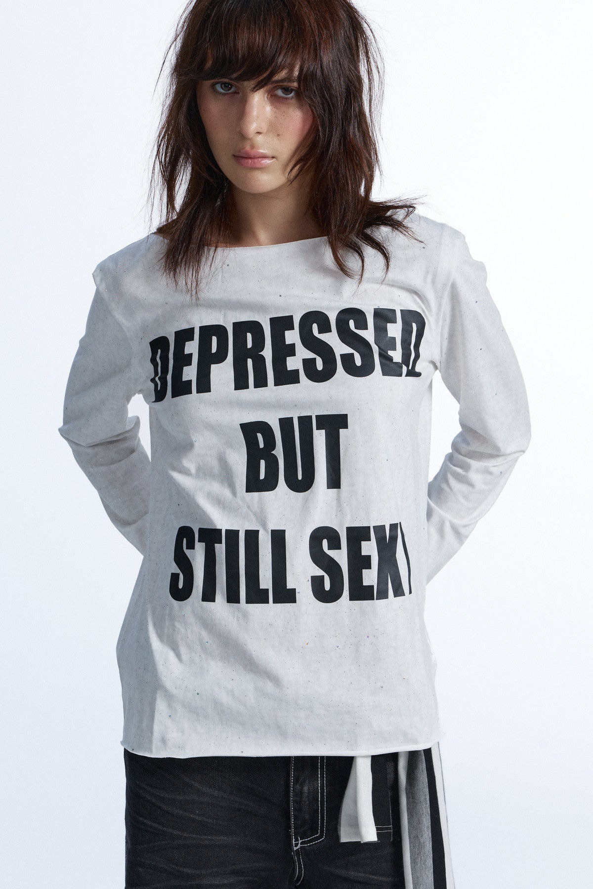 Distressed Rhinestone Letter Print Long-Sleeve T-Shirt