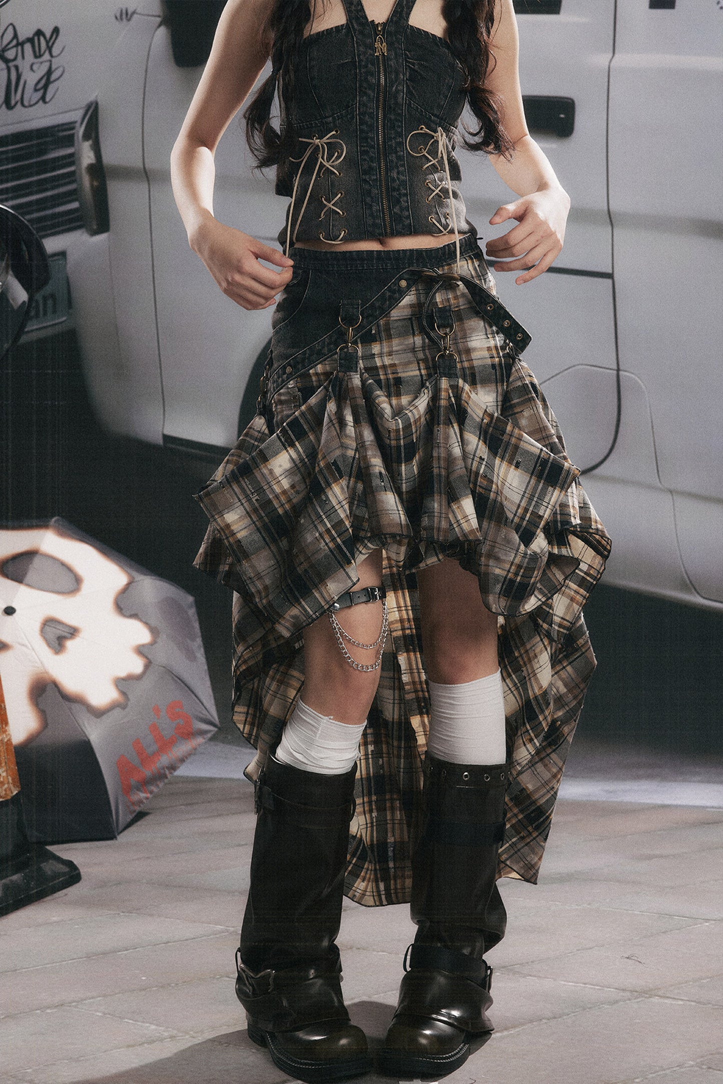 Retro Plaid Asymmetrical Denim Skirt