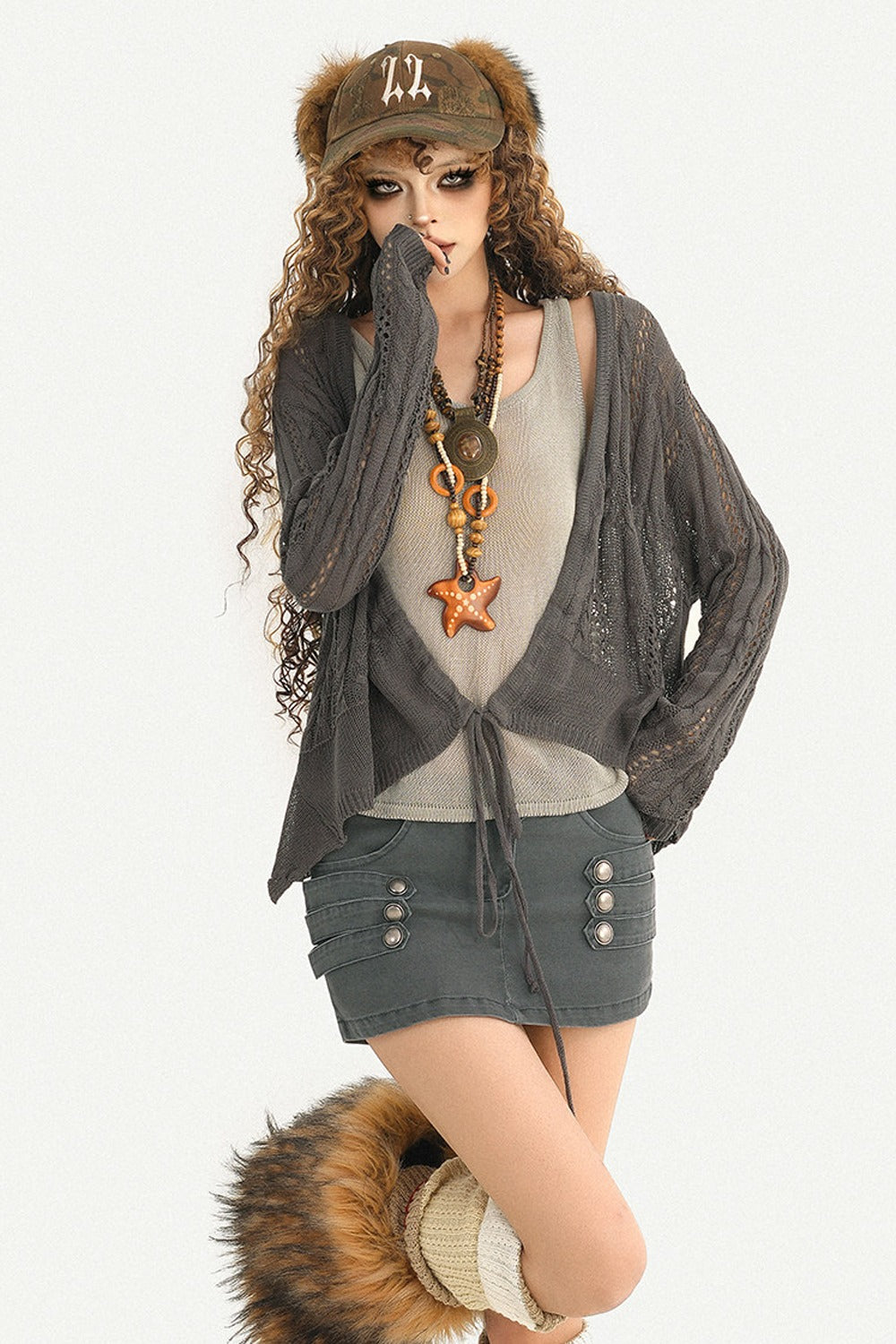 Gray Buttoned Low-Waist Skirt