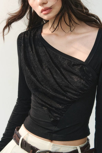 Ink Pleated Lace Asymmetrical T-Shirt