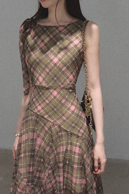 Off-Shoulder Plaid Irregular Tank Dress