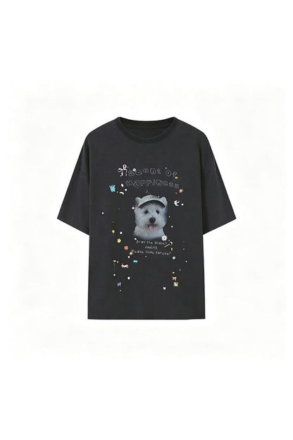 Rhinestone Cartoon Dog Drop Shoulder T-Shirt