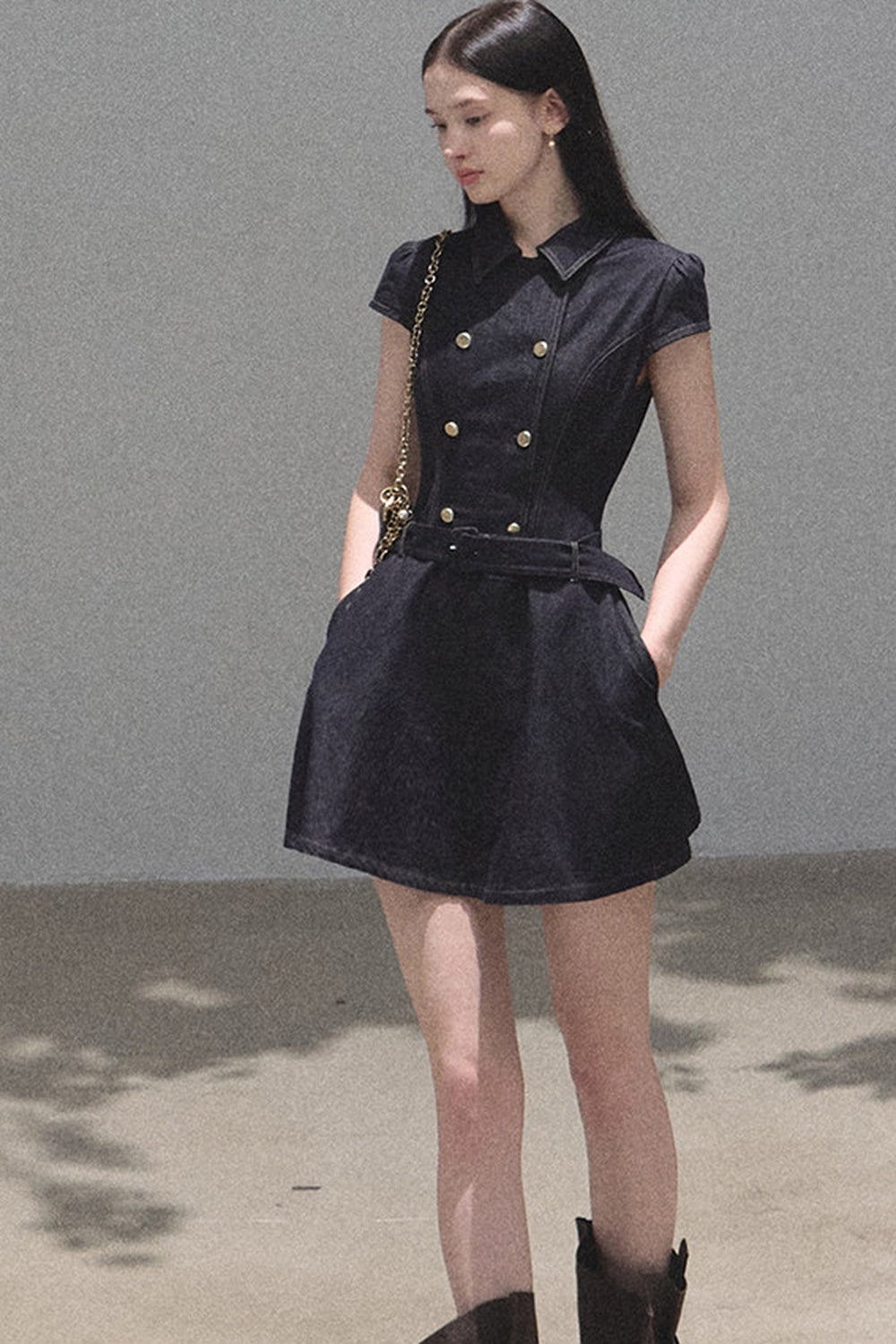 Retro Denim Waist-Cinching Dress Set-Up