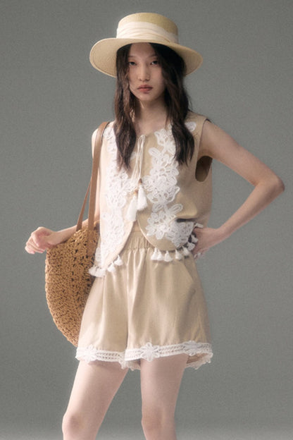 Three-Dimensional Rope Embroidery Floral Tencel Vest and Shorts Set-Up