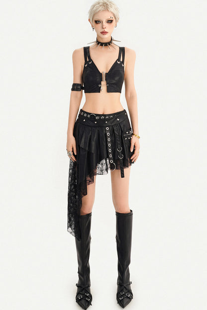 Ensemble jupe asymétrique punk en cuir noir avec empiècements