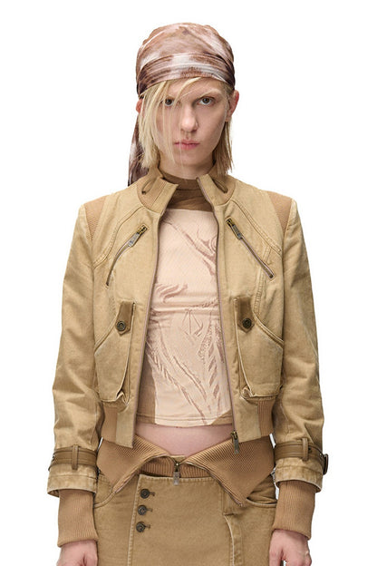 Washed Distressed Patchwork Short Jacket