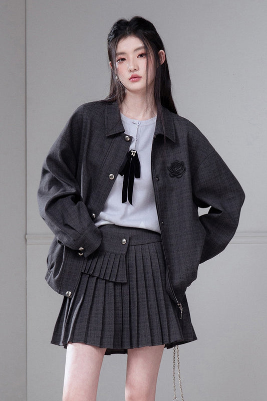 Plaid Jacket and Pleated Skirt Set-Up