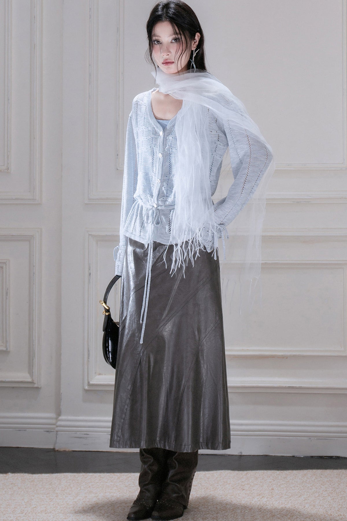 Hollow Drawstring Knit Cardigan Top