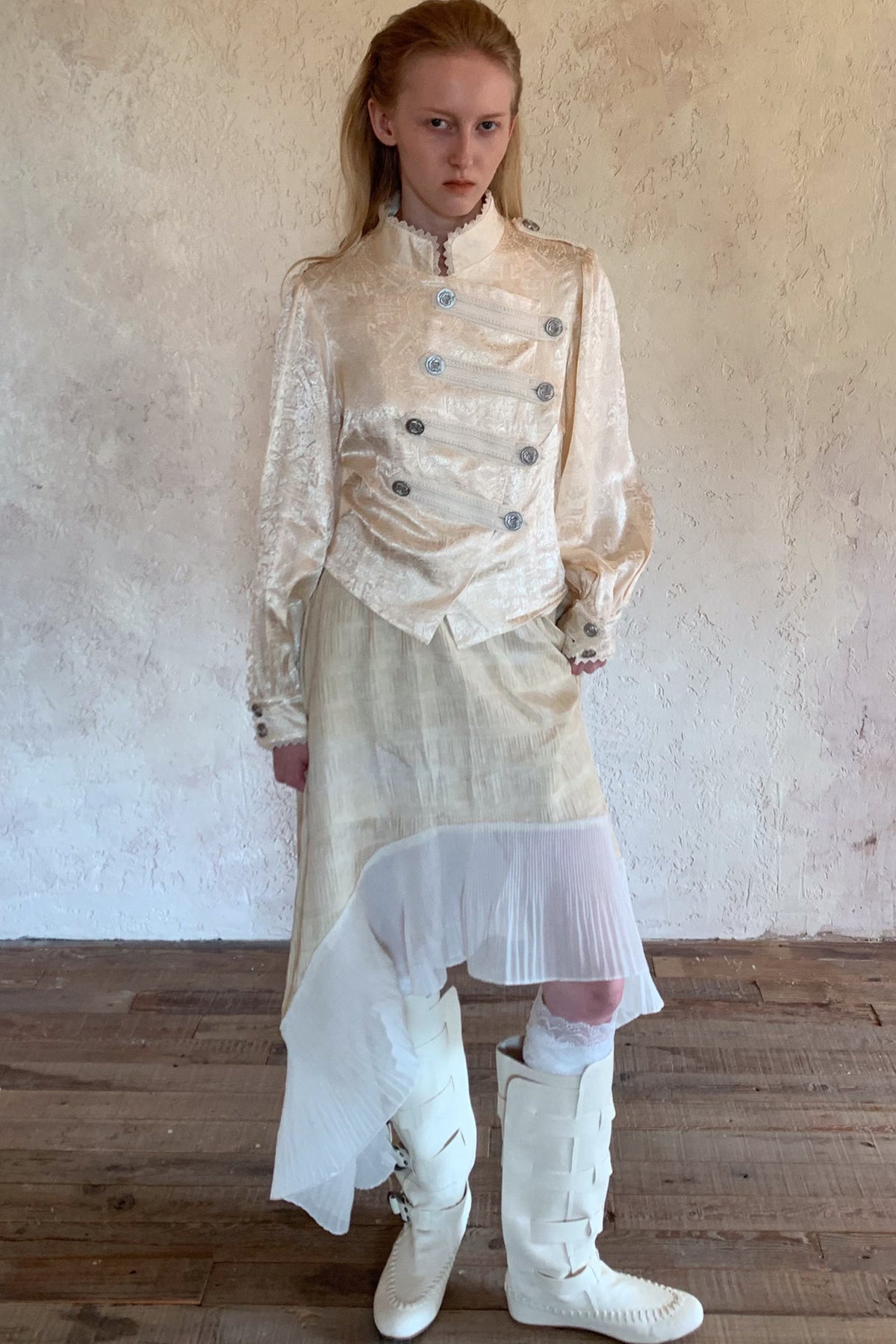 Beige Lace Stand Collar Jacket