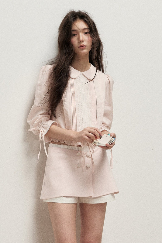 Mist Pink Lyocell Linen Mid-Sleeve Tuck Pleat Shirt Skirt Set-Up