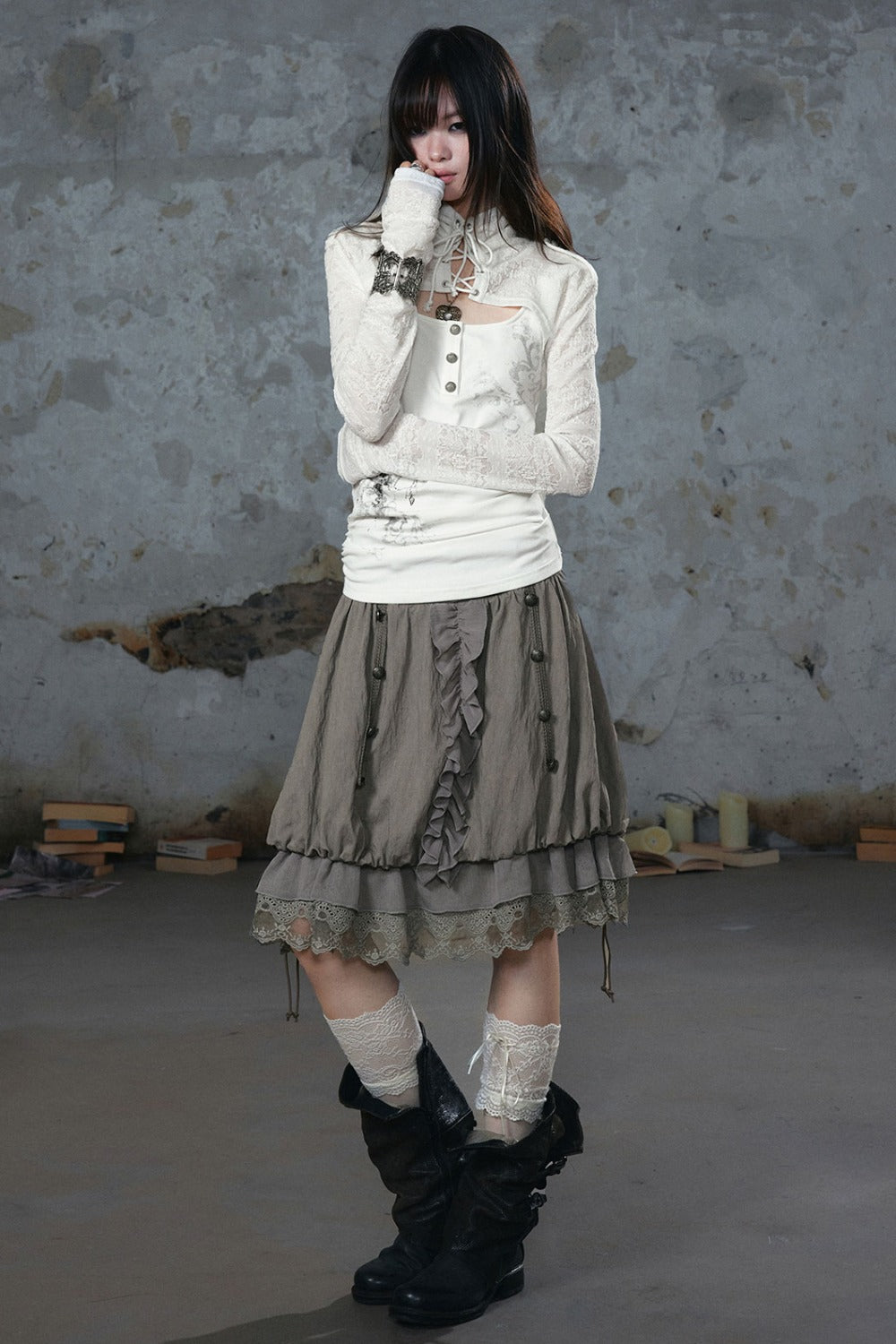 Tie-Neck Silver-Printed Long-Sleeve Top