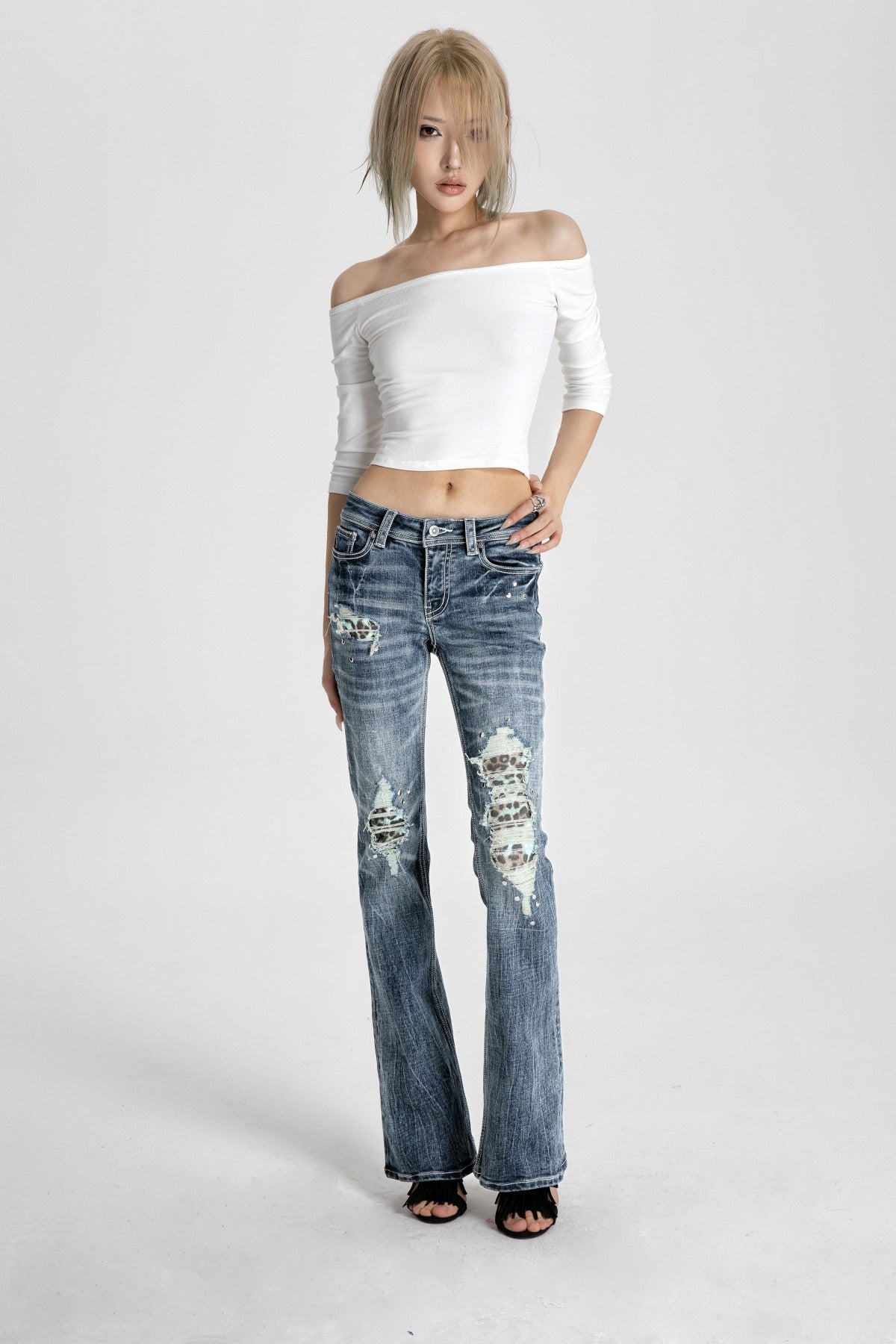 Patched Ripped Skinny Flared Jeans