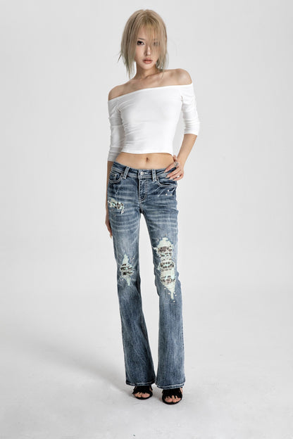 Patched Ripped Skinny Flared Jeans