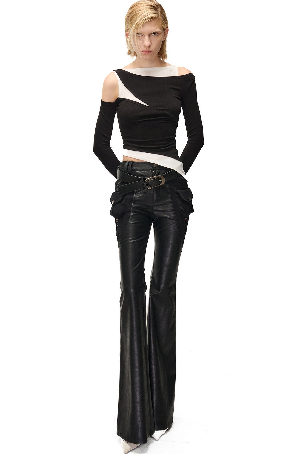 Layered-Look Patchwork Hollow Long-Sleeve T-shirt
