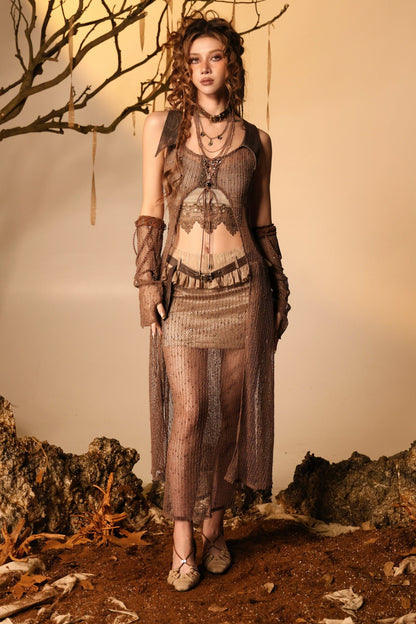 Ember Wasteland Mesh Hollow-Out Long Vest Set-Up