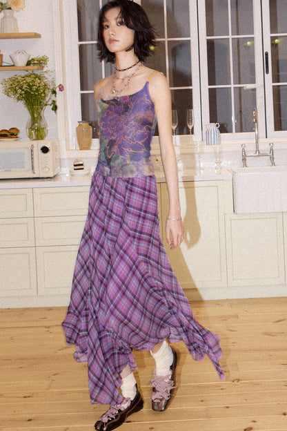 Asymmetrical Color-Block Plaid Chiffon Skirt