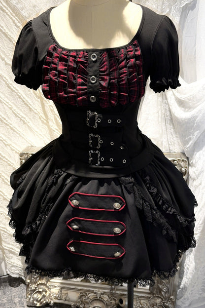 Plaid Puff Sleeve Knit Top and Mesh Cake Skirt Set-Up