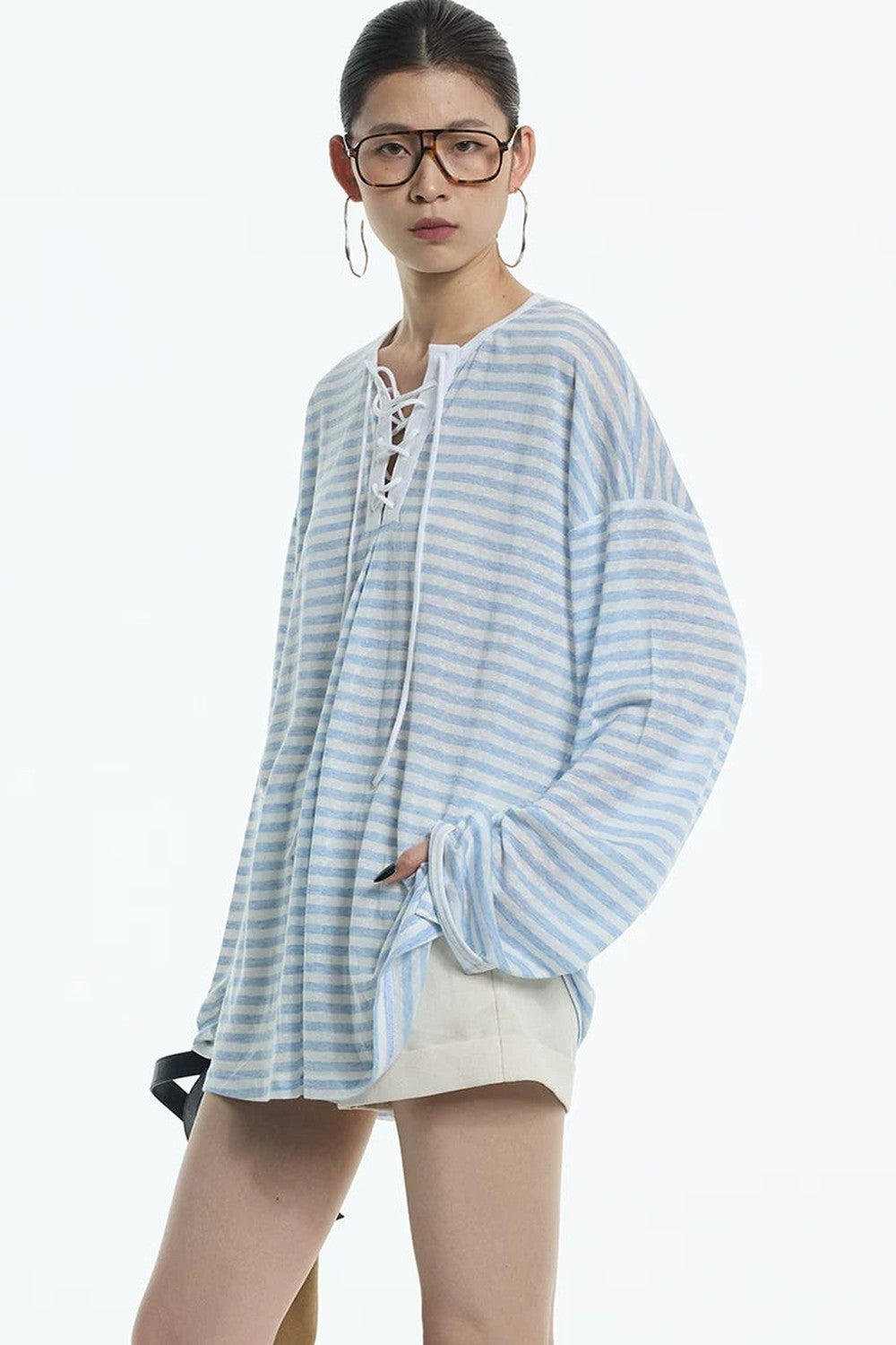Navy Blue Tie-Neck Lyocell Top