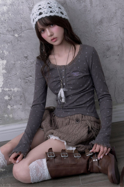 Gray Purple Lace Henley T-shirt