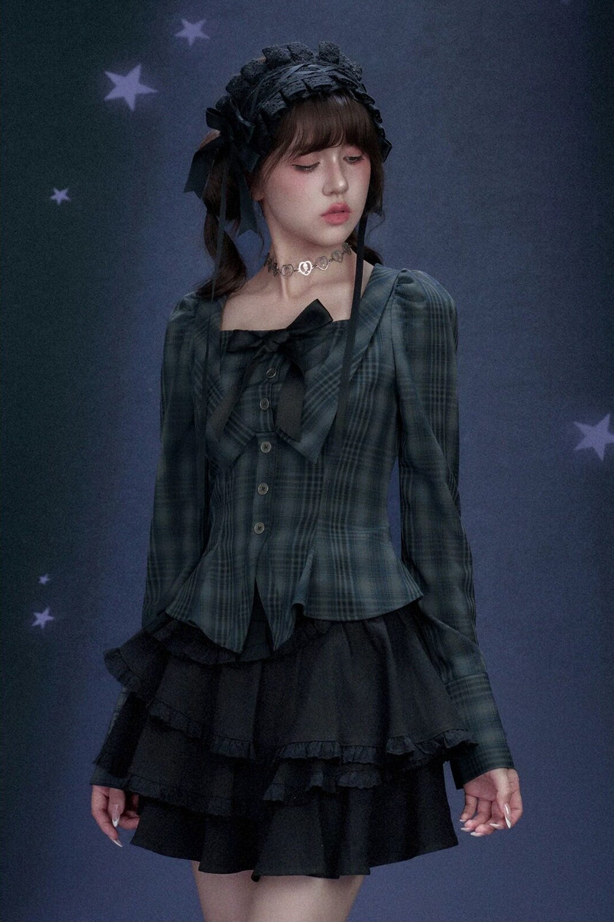 Blue Black Plaid Square Neck Shirt