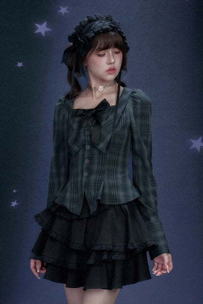 Blue Black Plaid Square Neck Shirt
