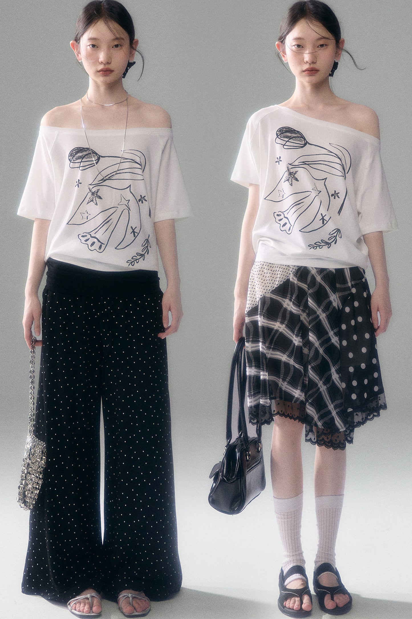 Bird And Tulip Print One-Shoulder Tencel T-Shirt