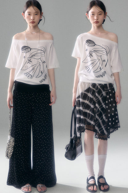 Bird And Tulip Print One-Shoulder Tencel T-Shirt