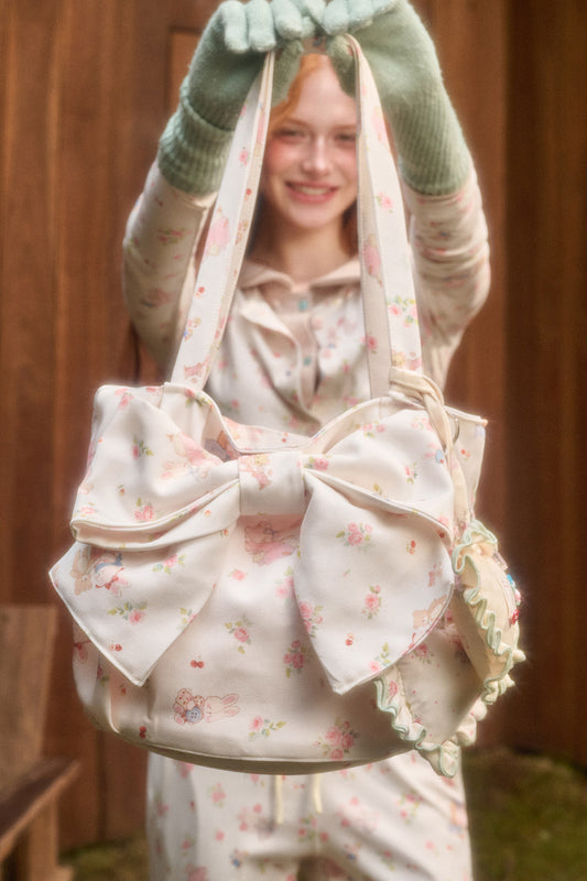Hand-Painted Bunny Print Bowknot Tote Bag