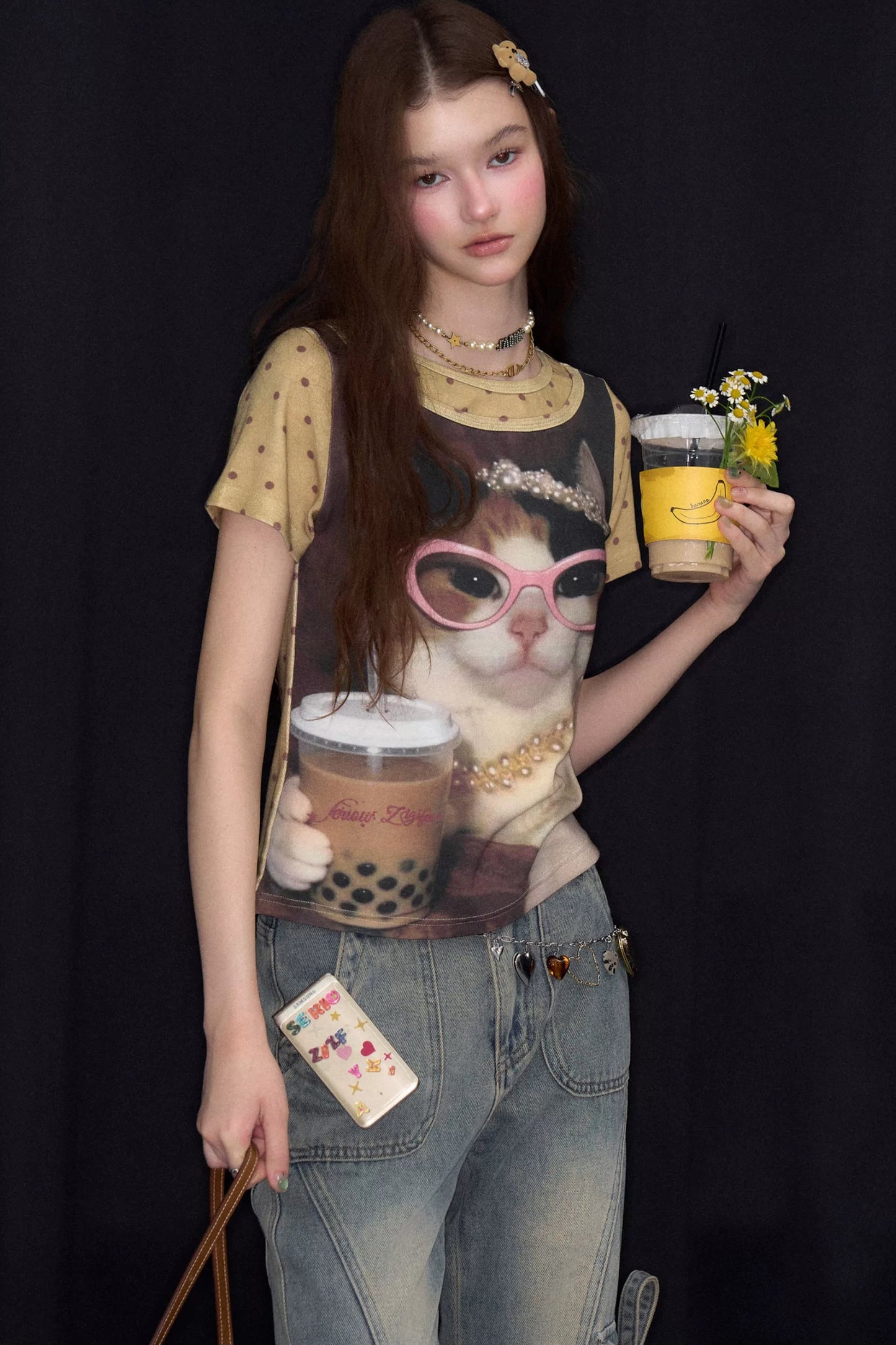 Retro Distressed Cat Print Yellow T-Shirt