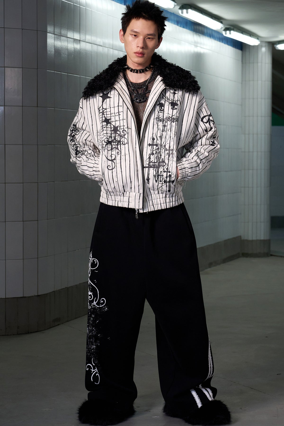 Detachable Fur Collar Thorn Stripe Jacket