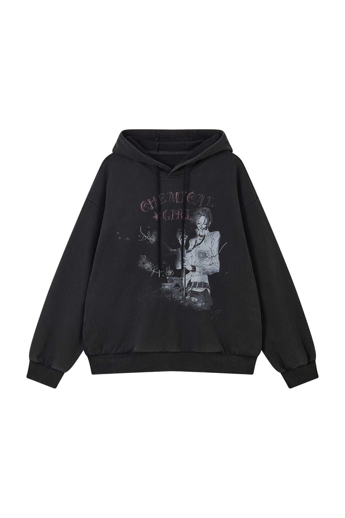 Hoodie mit verwaschenem schwarzem Print und überschnittenen Schultern