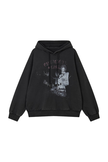 Hoodie mit verwaschenem schwarzem Print und überschnittenen Schultern