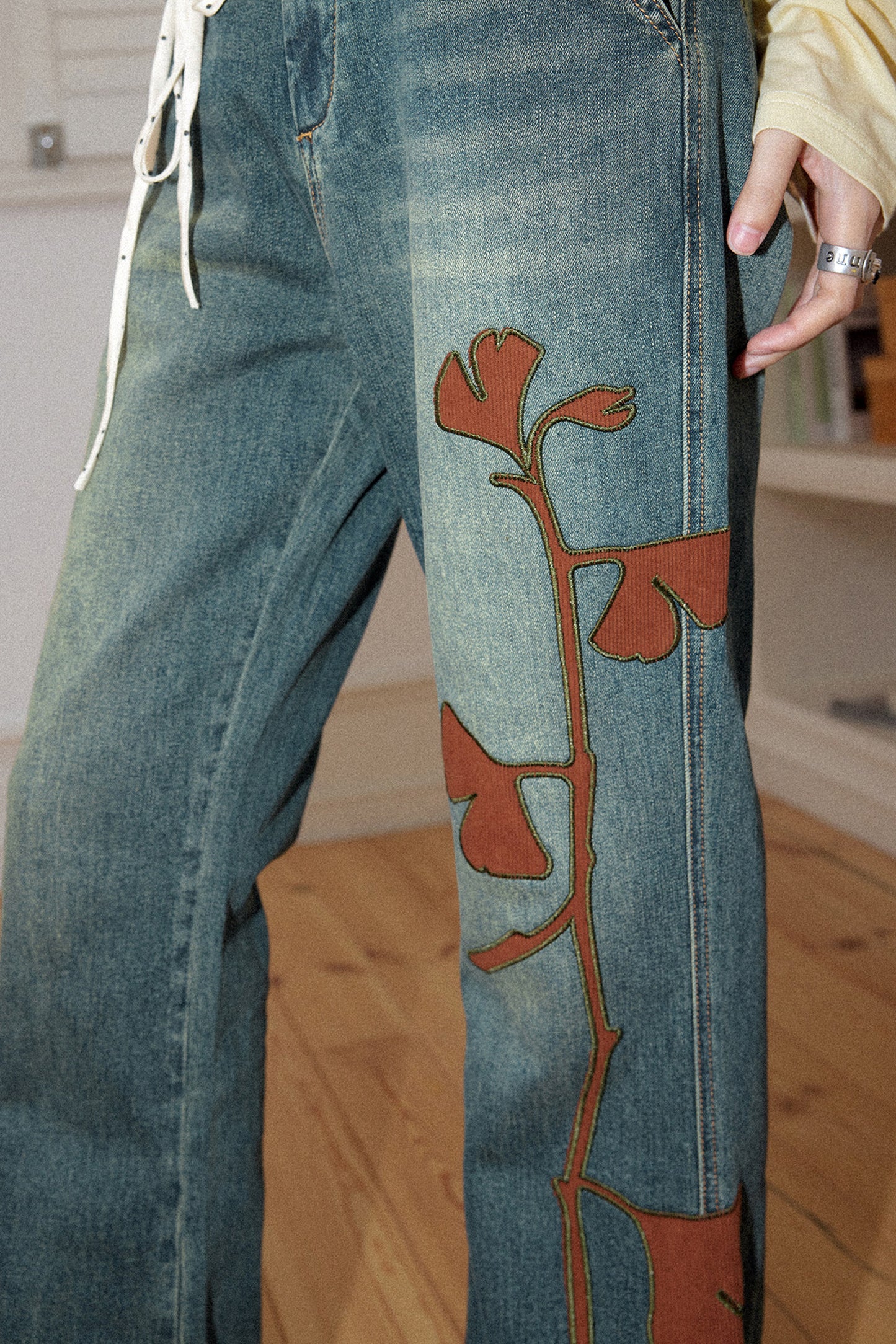 Ginkgo Leaf Embroidered Denim Pants