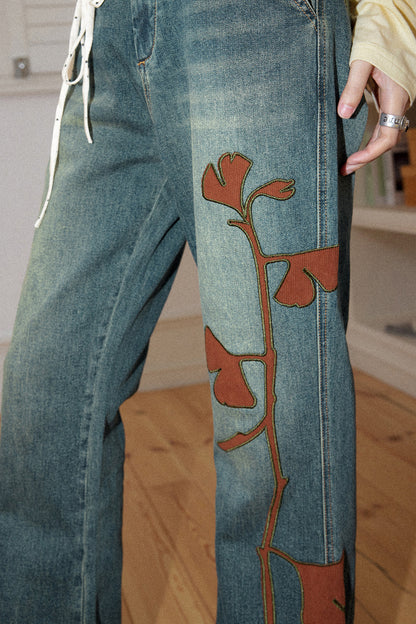 Ginkgo Leaf Embroidered Denim Pants