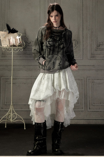Distressed Drawstring Cross Print Hooded Pullover Sweatshirt