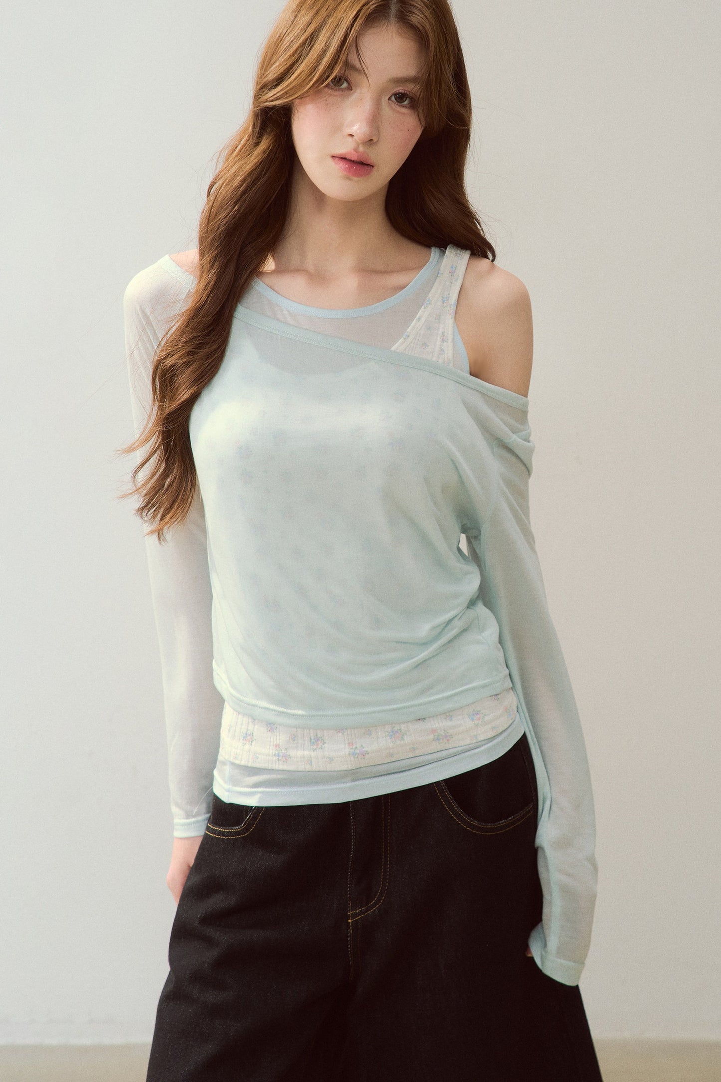 Cooling Layered-Look Long-Sleeve Blouse Set