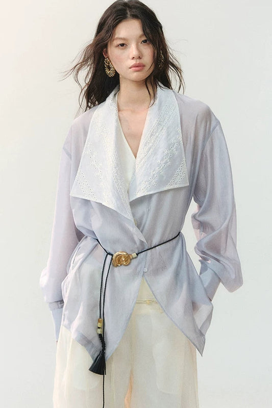 Folded Embroidery Plant Texture Shirt Set