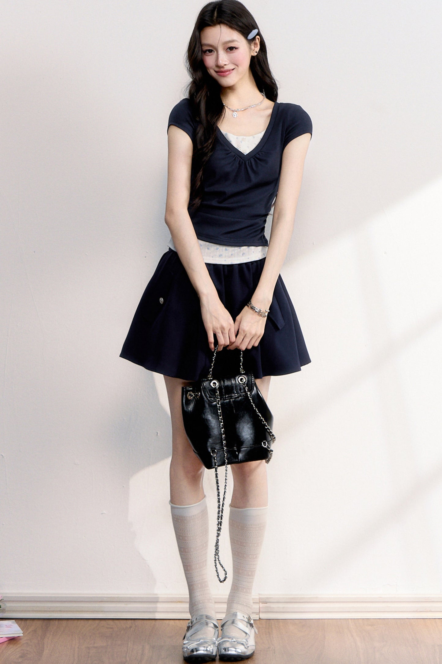 Floral Ruched Fake Two-Piece T-Shirt