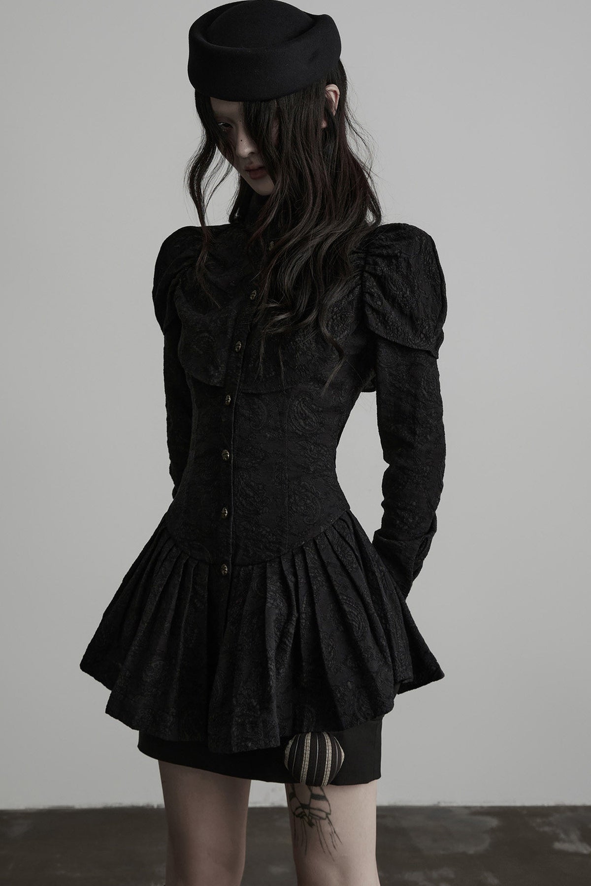 Jacquard Pleated Skirt-Style Hem Long-Sleeve Shirt