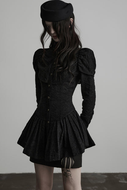 Jacquard Pleated Skirt-Style Hem Long-Sleeve Shirt